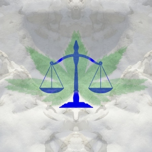 cannabis leaf and scales of justice